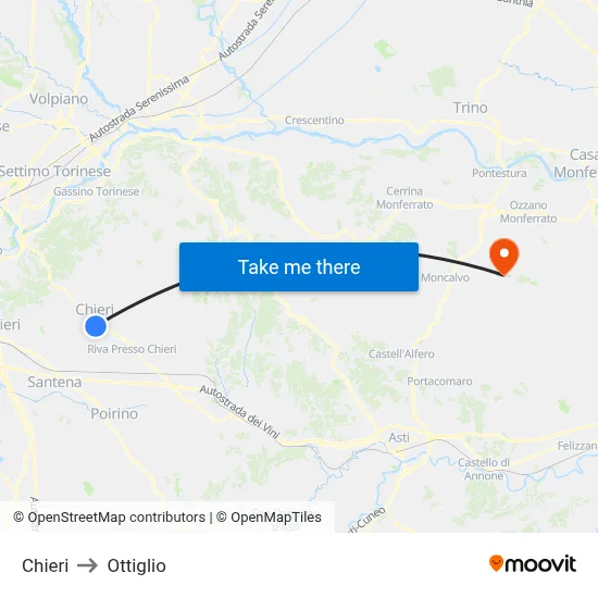 Chieri to Ottiglio map