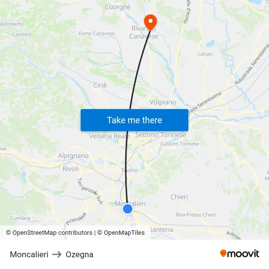 Moncalieri to Ozegna map