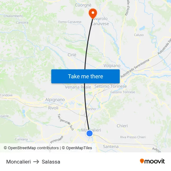 Moncalieri to Salassa map