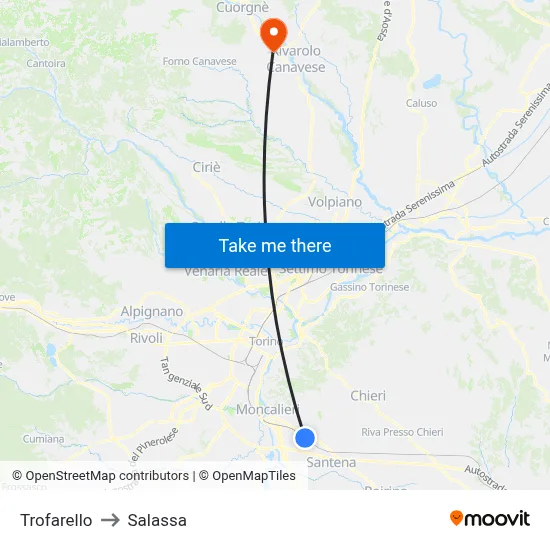 Trofarello to Salassa map