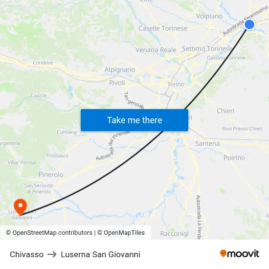 Chivasso to Luserna San Giovanni map