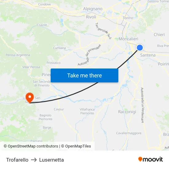 Trofarello to Lusernetta map