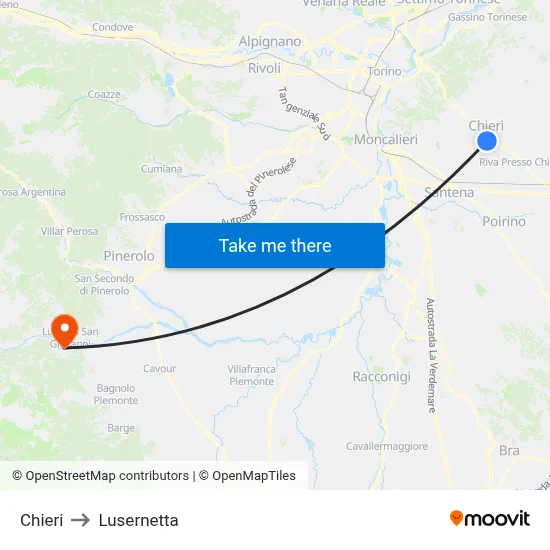 Chieri to Lusernetta map