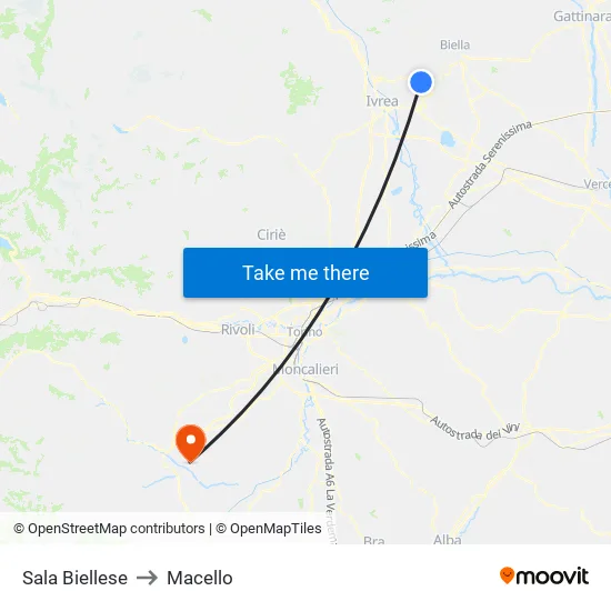 Sala Biellese to Macello map