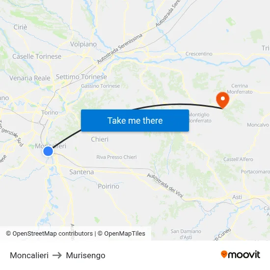 Moncalieri to Murisengo map