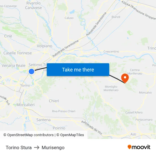 Turin Stura to Murisengo map