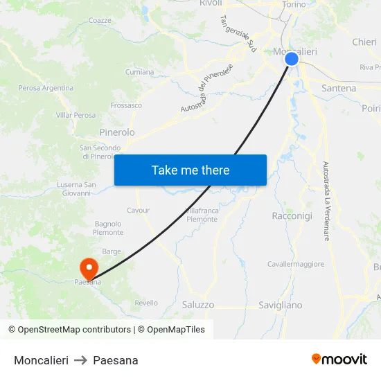 Moncalieri to Paesana map