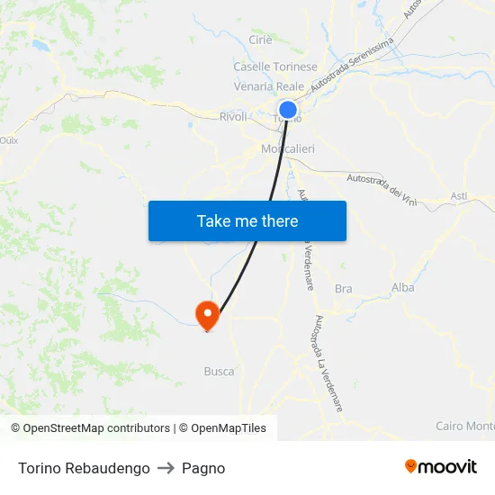 Turin Rebaudengo to Pagno map