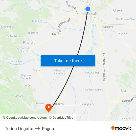 Turin Lingotto to Pagno map