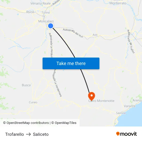 Trofarello to Saliceto map