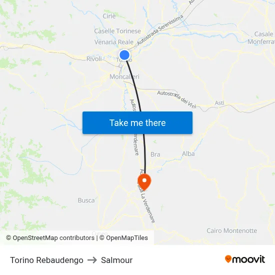 Turin Rebaudengo to Salmour map
