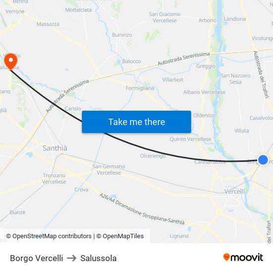 Borgo Vercelli to Salussola map
