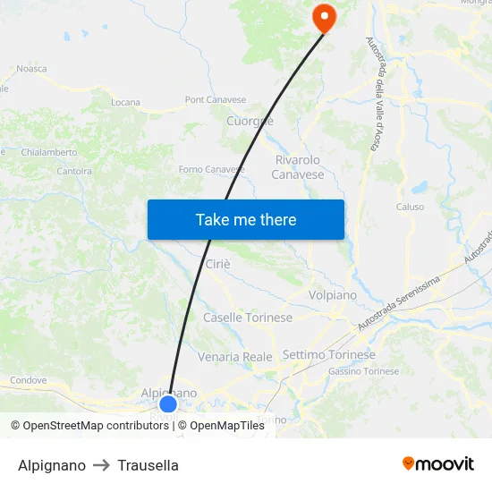 Alpignano to Trausella map