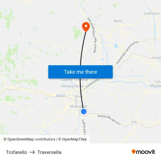 Trofarello to Traversella map