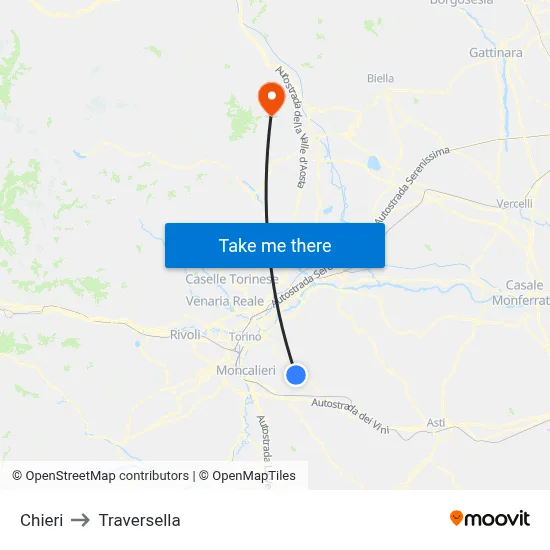 Chieri to Traversella map