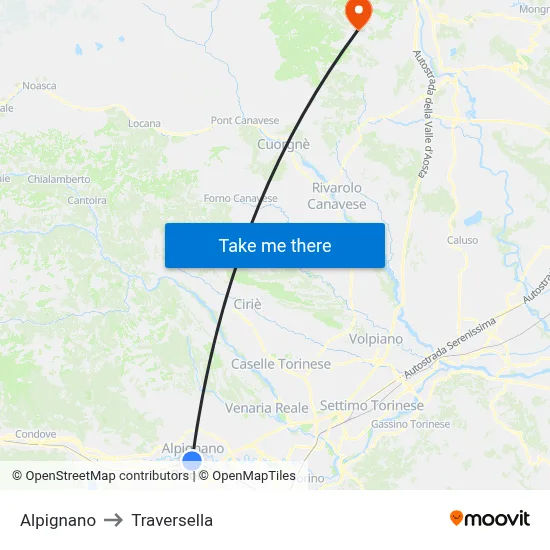 Alpignano to Traversella map