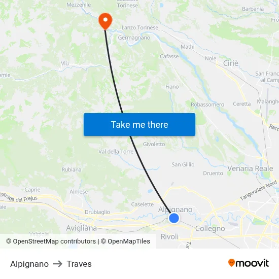 Alpignano to Traves map