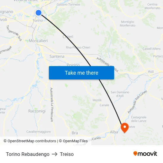 Turin Rebaudengo to Treiso map