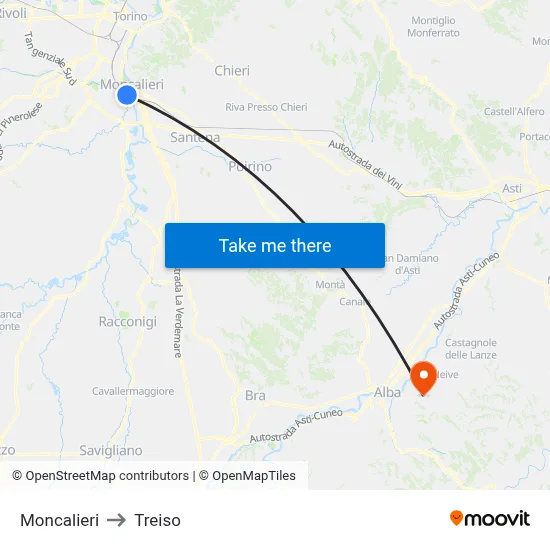 Moncalieri to Treiso map