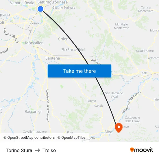 Turin Stura to Treiso map