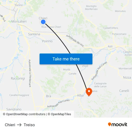 Chieri to Treiso map