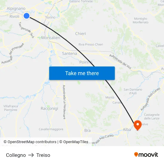 Collegno to Treiso map
