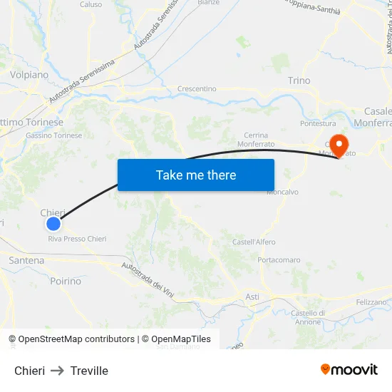 Chieri to Treville map