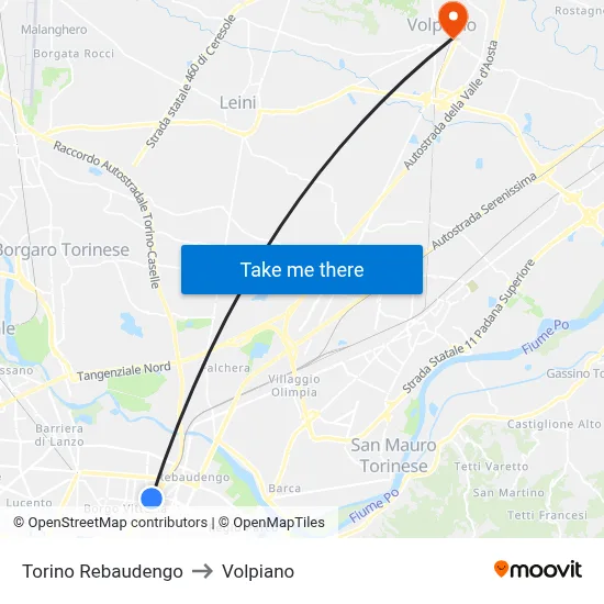 Turin Rebaudengo to Volpiano map