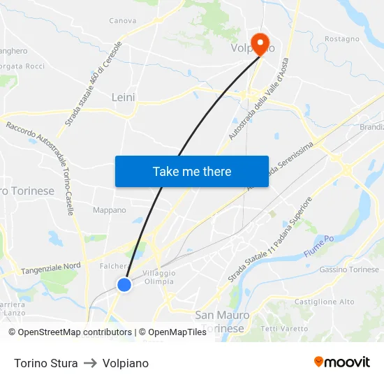 Turin Stura to Volpiano map