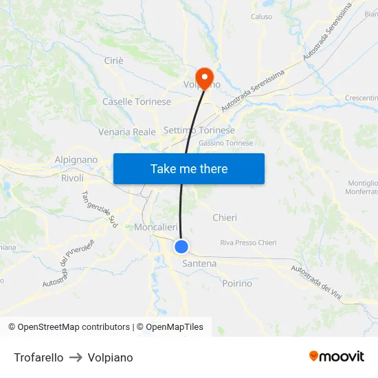 Trofarello to Volpiano map