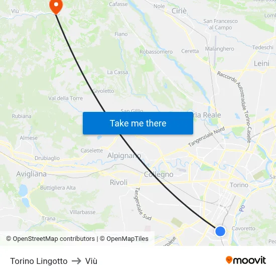 Turin Lingotto to Viù map