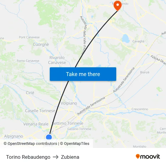 Turin Rebaudengo to Zubiena map