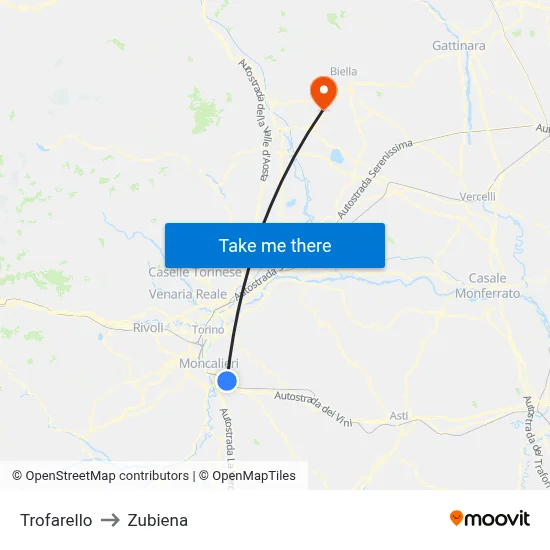 Trofarello to Zubiena map