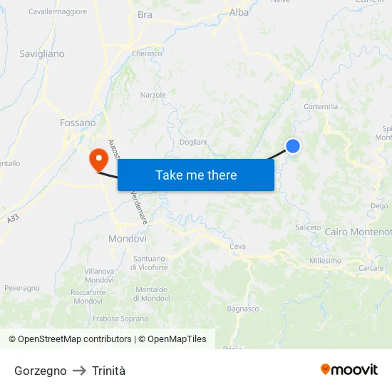 Gorzegno to Trinità map