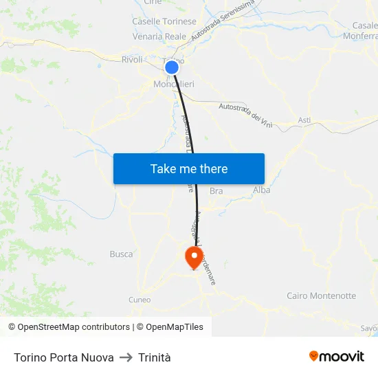 Turin Porta Nuova to Trinity map