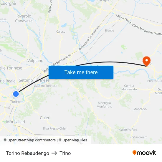 Turin Rebaudengo to Trino map