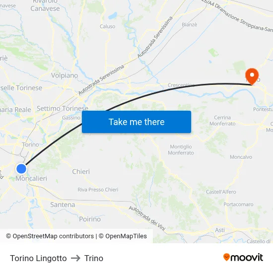 Turin Lingotto to Trino map