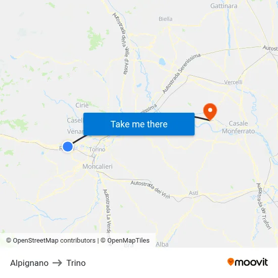 Alpignano to Trino map