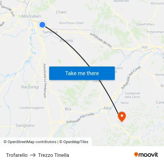 Trofarello to Trezzo Tinella map