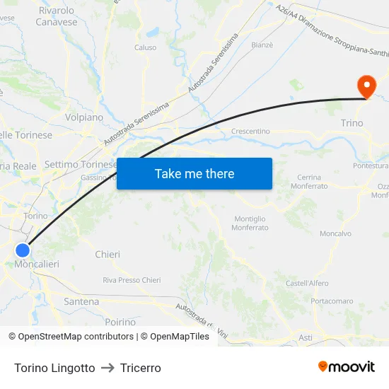 Turin Lingotto to Tricerro map