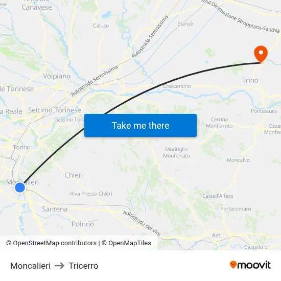 Moncalieri to Tricerro map