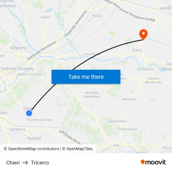Chieri to Tricerro map