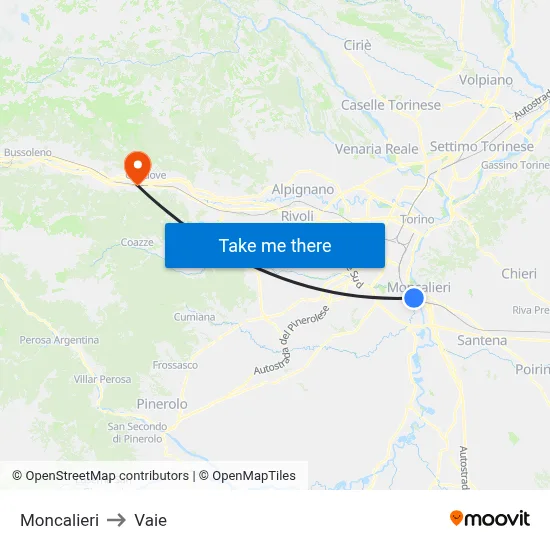 Moncalieri to Vaie map