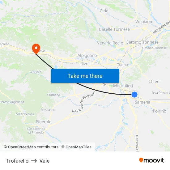 Trofarello to Vaie map