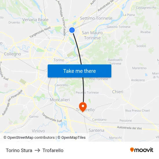 Turin Stura to Trofarello map