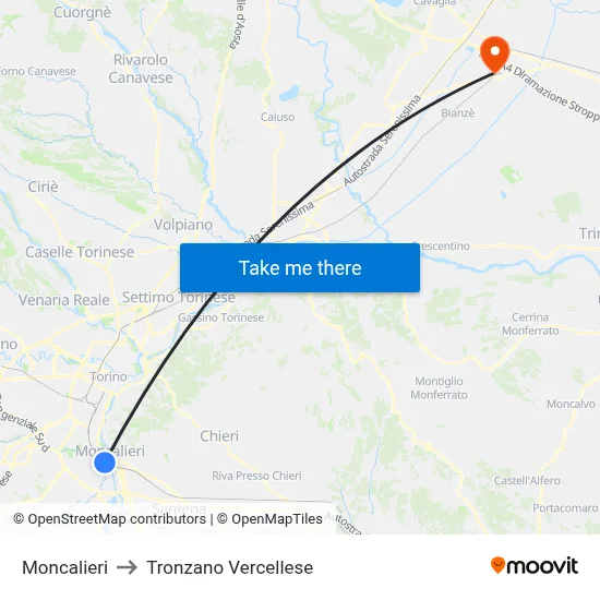 Moncalieri to Tronzano Vercellese map