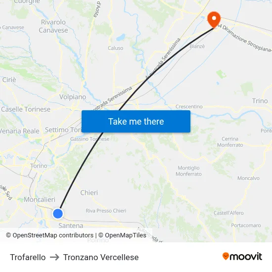 Trofarello to Tronzano Vercellese map