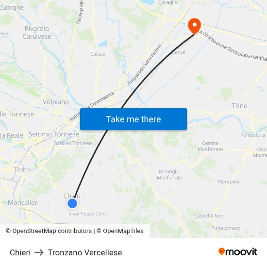 Chieri to Tronzano Vercellese map