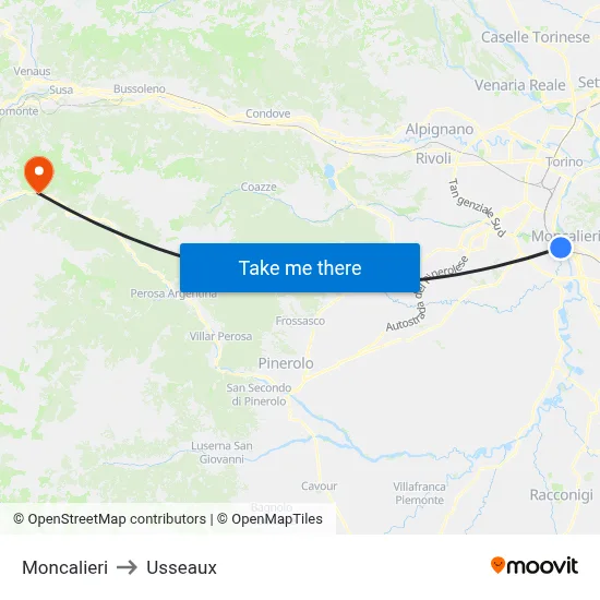 Moncalieri to Usseaux map