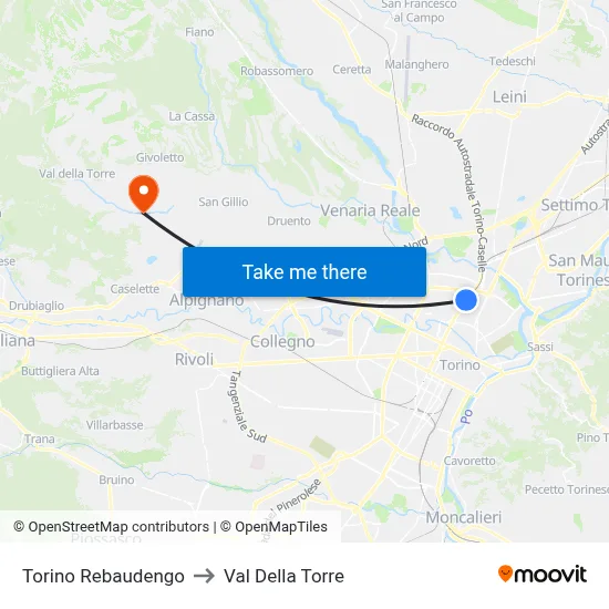 Turin Rebaudengo to Val Della Torre map
